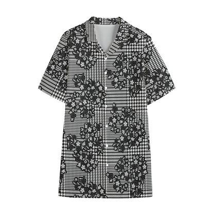 Black And White Floral Glen Plaid Print Cotton Hawaiian Shirt