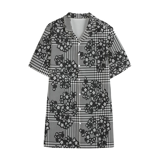 Black And White Floral Glen Plaid Print Cotton Hawaiian Shirt