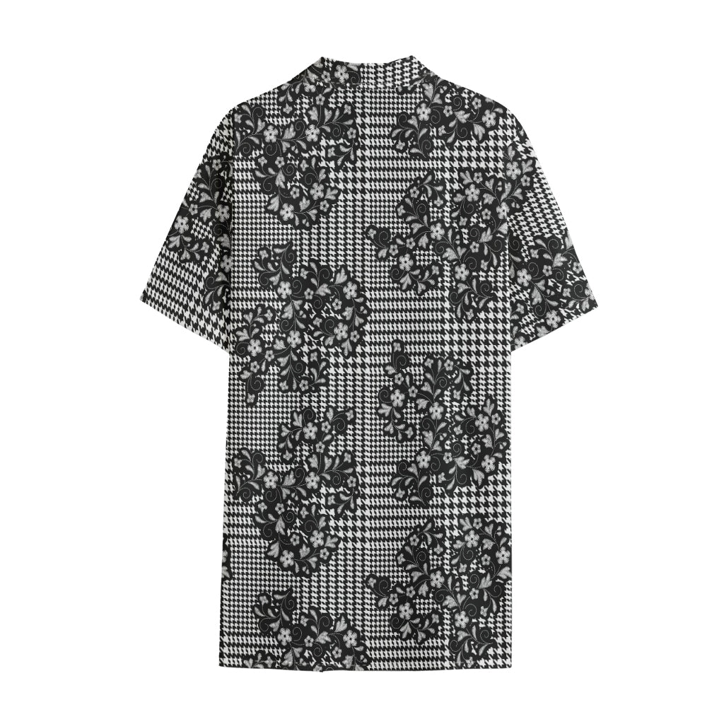 Black And White Floral Glen Plaid Print Cotton Hawaiian Shirt