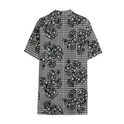 Black And White Floral Glen Plaid Print Cotton Hawaiian Shirt