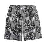 Black And White Floral Glen Plaid Print Cotton Shorts