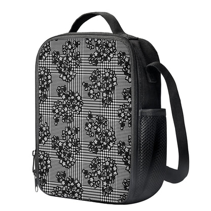 Black And White Floral Glen Plaid Print Crossbody Lunch Bag