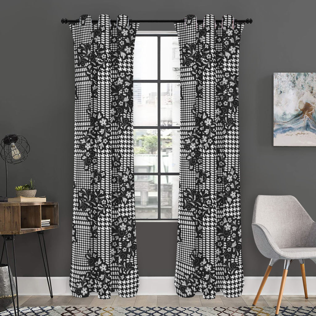 Black And White Floral Glen Plaid Print Curtain