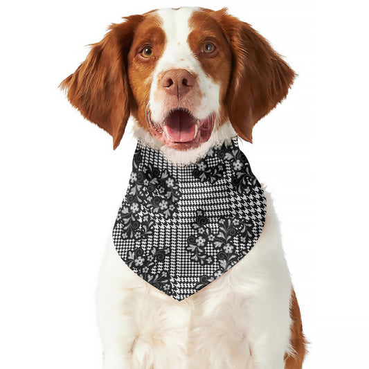Black And White Floral Glen Plaid Print Dog Bandana
