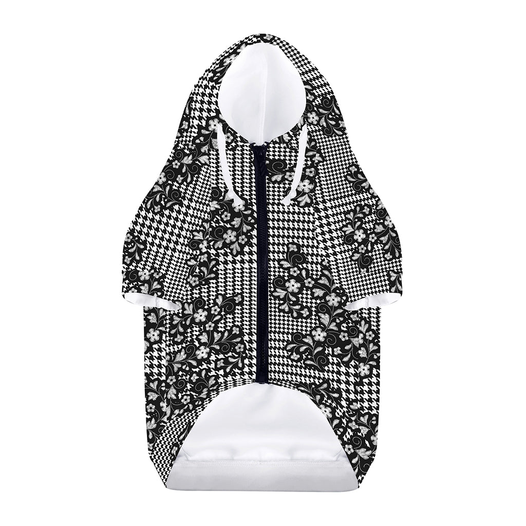 Black And White Floral Glen Plaid Print Dog Zip Up Hoodie
