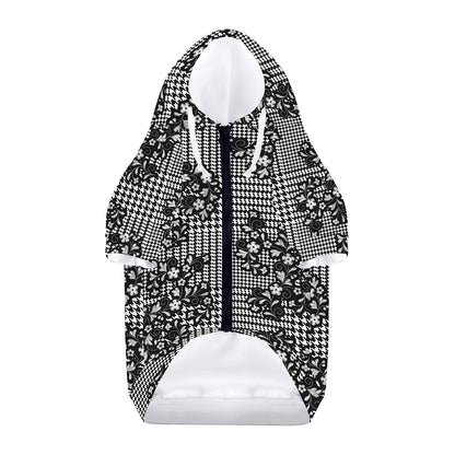 Black And White Floral Glen Plaid Print Dog Zip Up Hoodie