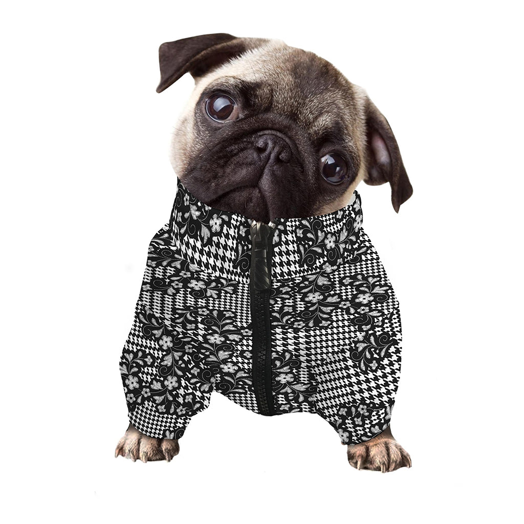 Black And White Floral Glen Plaid Print Dog Zip Up Jacket