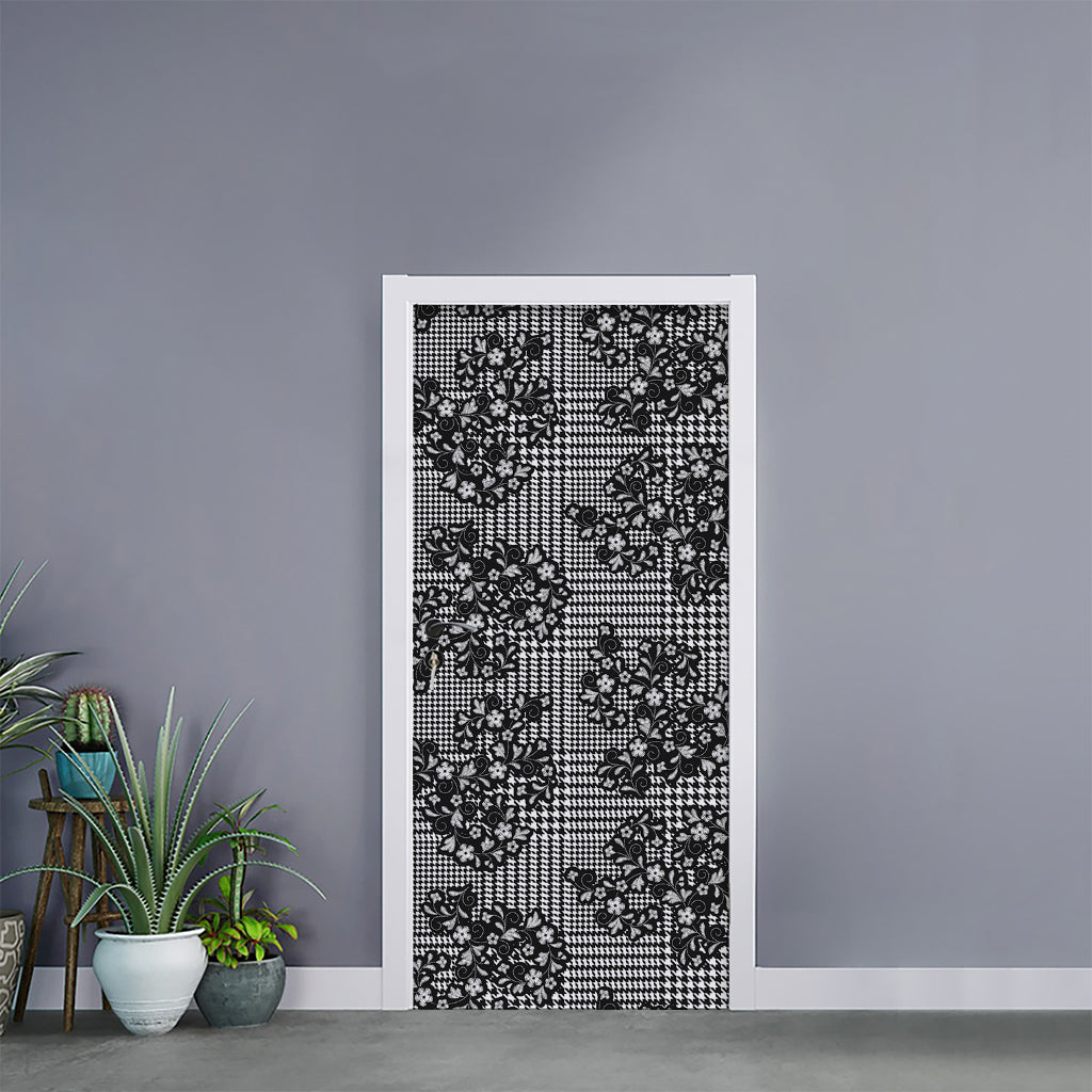 Black And White Floral Glen Plaid Print Door Sticker