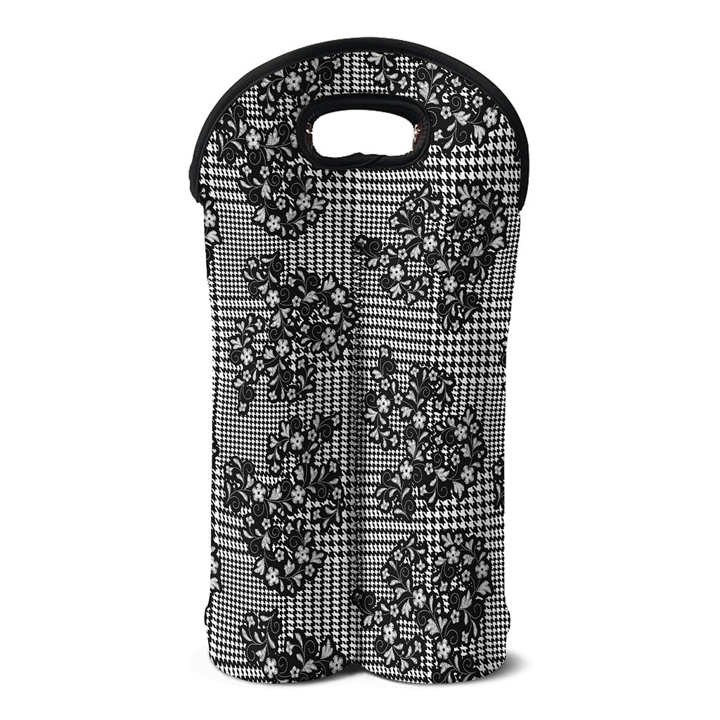 Black And White Floral Glen Plaid Print Double Neoprene Wine Tote