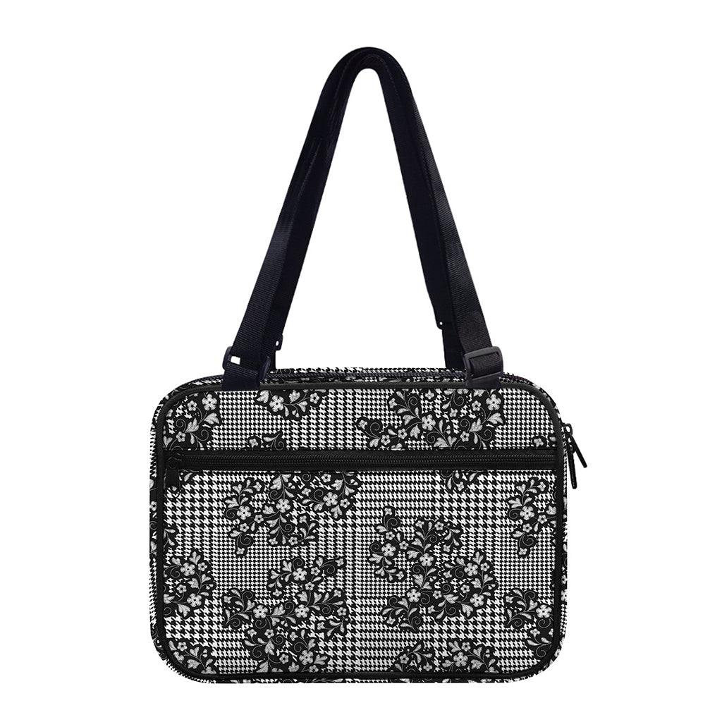 Black And White Floral Glen Plaid Print Double Strap Bible Bag