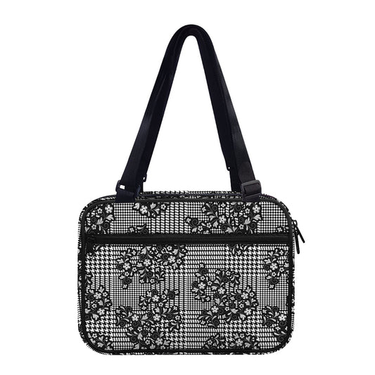 Black And White Floral Glen Plaid Print Double Strap Bible Bag