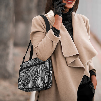 Black And White Floral Glen Plaid Print Double Strap Bible Bag