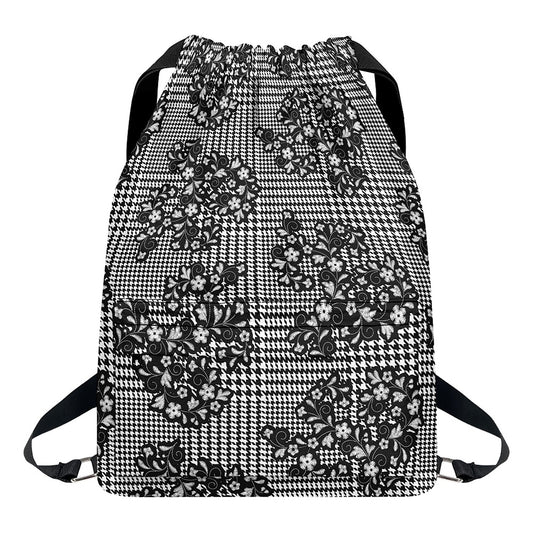 Black And White Floral Glen Plaid Print Drawstring Backpack