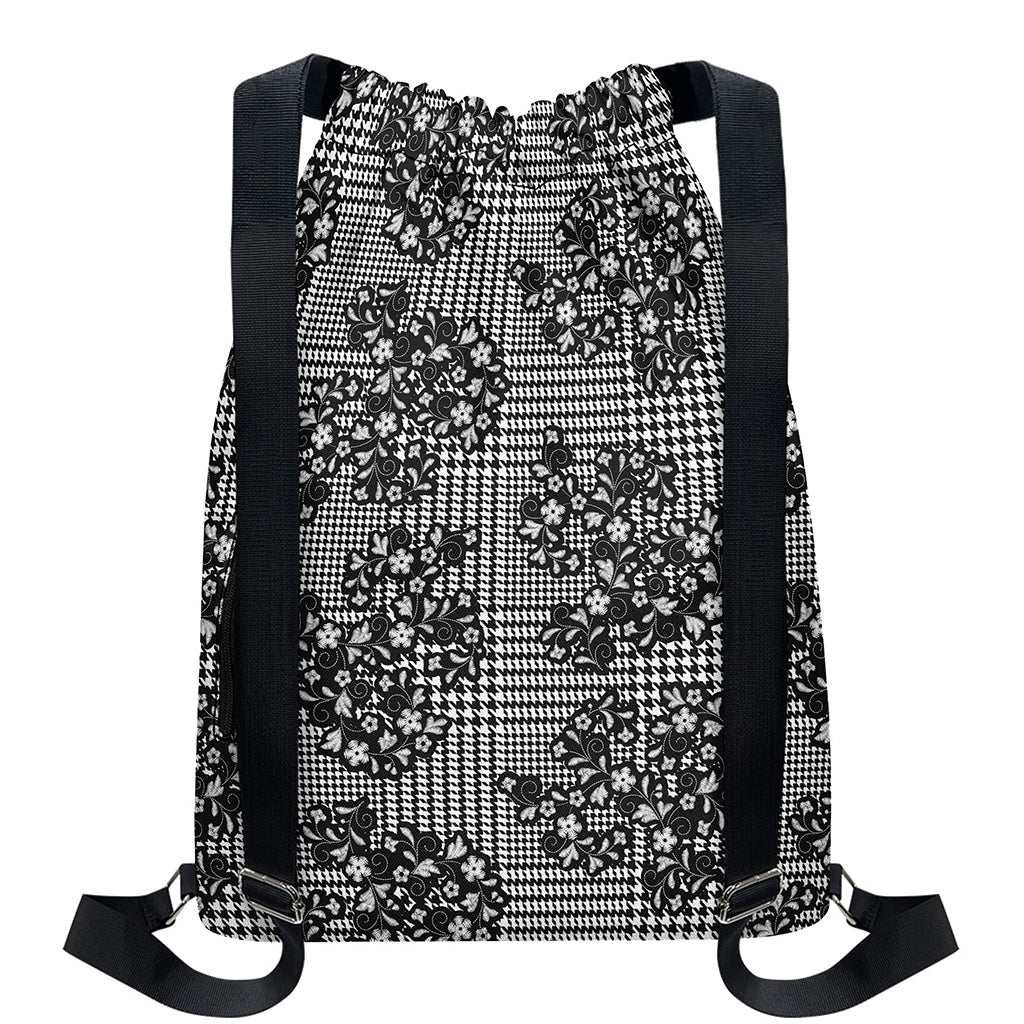 Black And White Floral Glen Plaid Print Drawstring Backpack