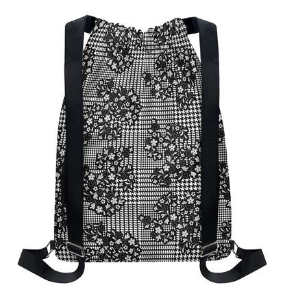 Black And White Floral Glen Plaid Print Drawstring Backpack