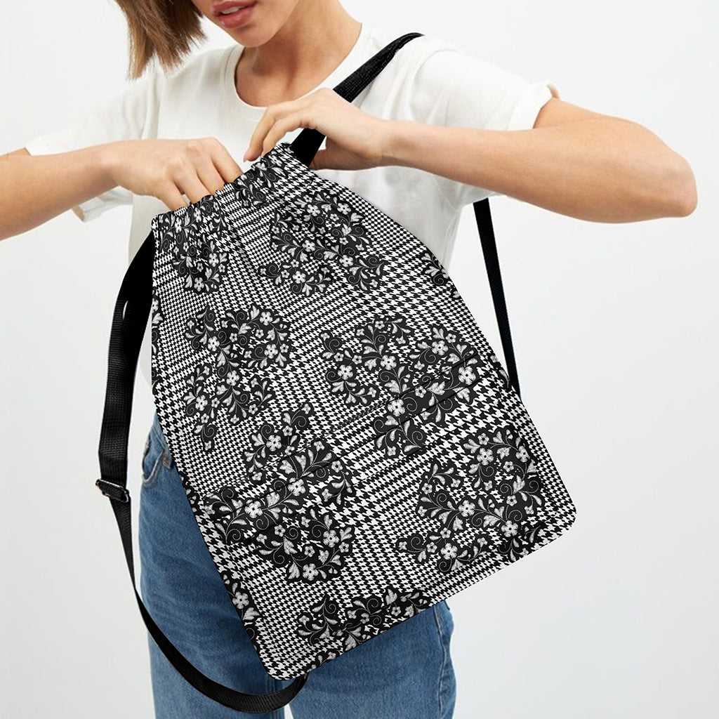 Black And White Floral Glen Plaid Print Drawstring Backpack