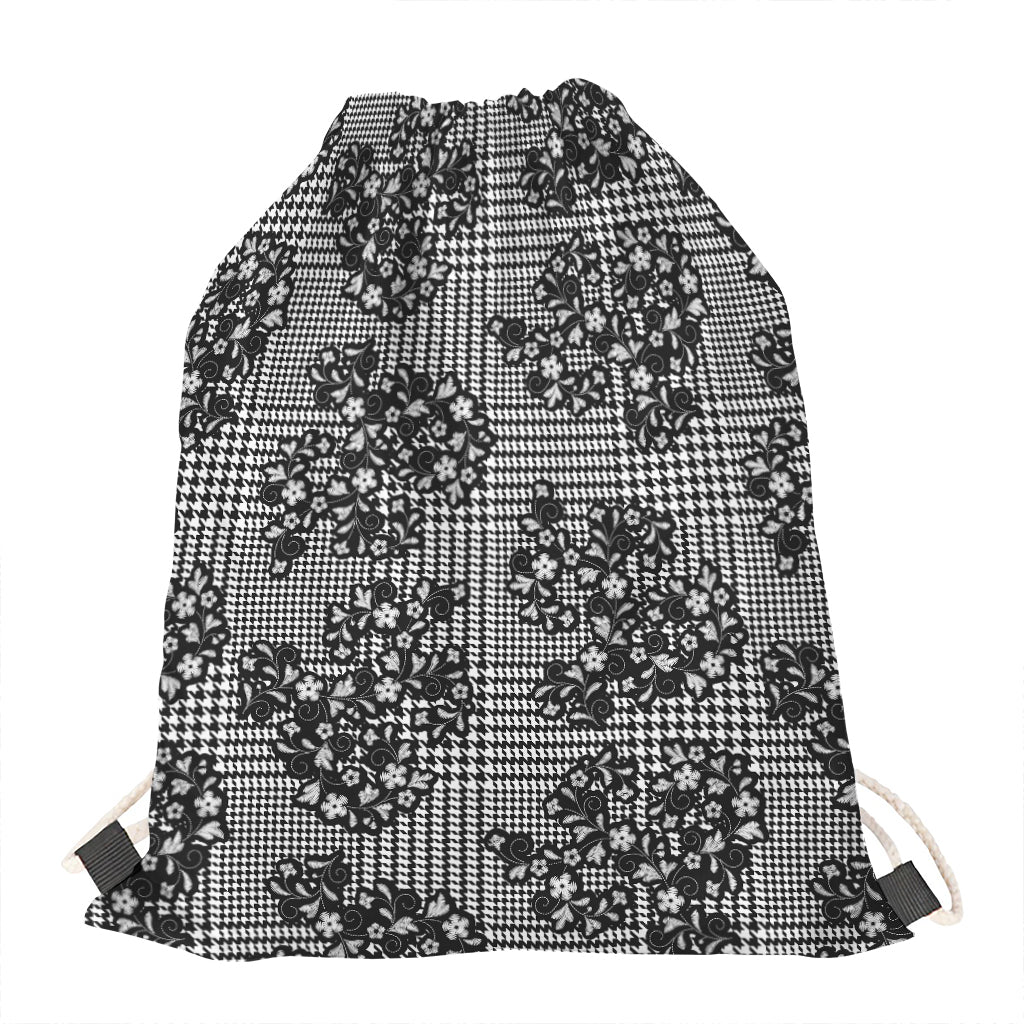 Black And White Floral Glen Plaid Print Drawstring Bag