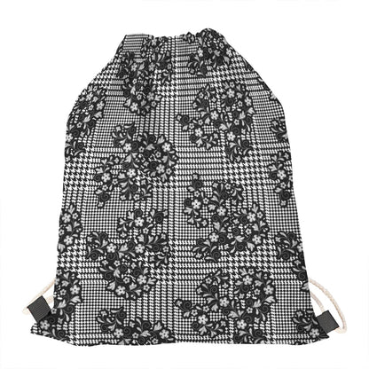 Black And White Floral Glen Plaid Print Drawstring Bag