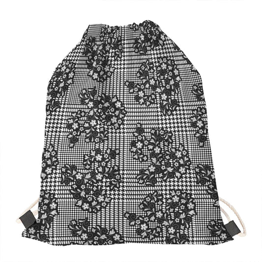 Black And White Floral Glen Plaid Print Drawstring Bag