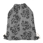 Black And White Floral Glen Plaid Print Drawstring Bag