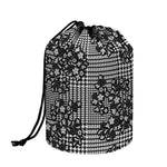 Black And White Floral Glen Plaid Print Drawstring Makeup Bag