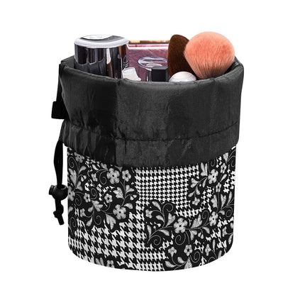 Black And White Floral Glen Plaid Print Drawstring Makeup Bag