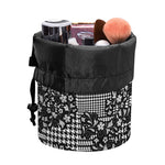 Black And White Floral Glen Plaid Print Drawstring Makeup Bag