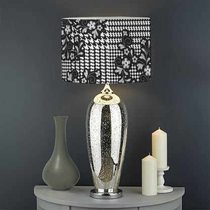 Black And White Floral Glen Plaid Print Drum Lamp Shade