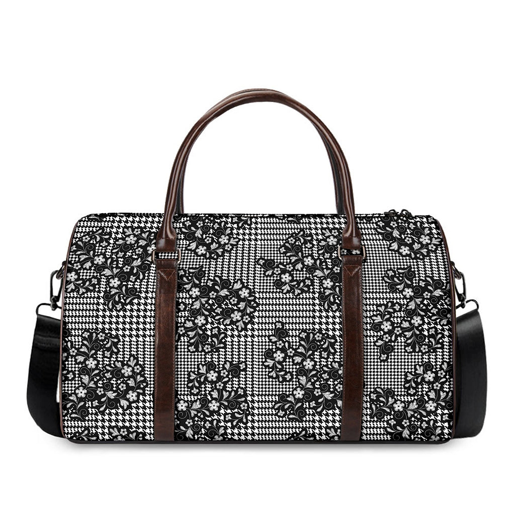 Black And White Floral Glen Plaid Print Duffle Bag