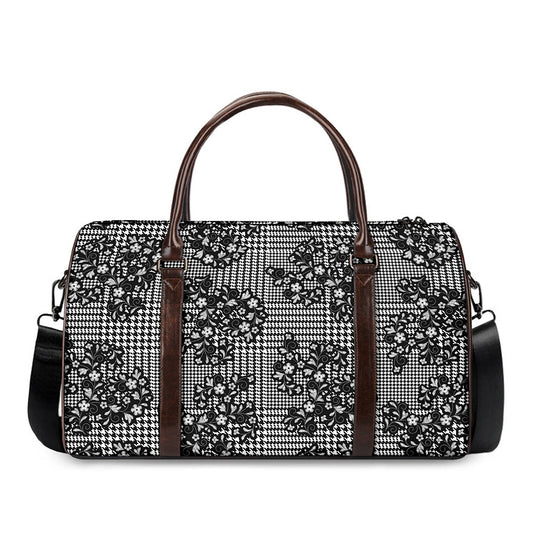 Black And White Floral Glen Plaid Print Duffle Bag