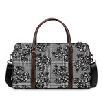Black And White Floral Glen Plaid Print Duffle Bag