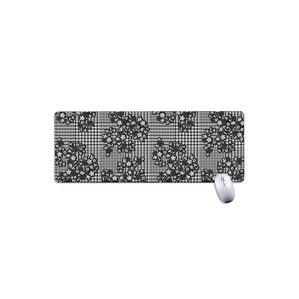 Black And White Floral Glen Plaid Print Extended Mouse Pad