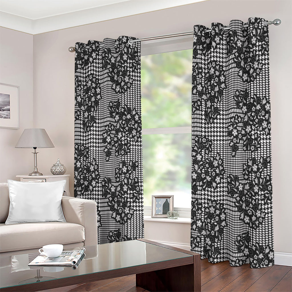 Black And White Floral Glen Plaid Print Extra Wide Grommet Curtains