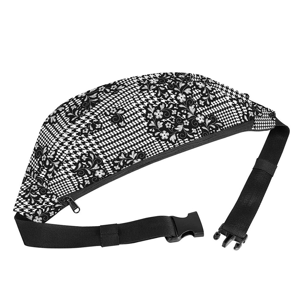 Black And White Floral Glen Plaid Print Fanny Pack