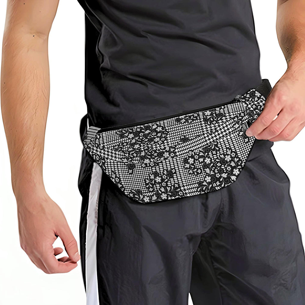 Black And White Floral Glen Plaid Print Fanny Pack