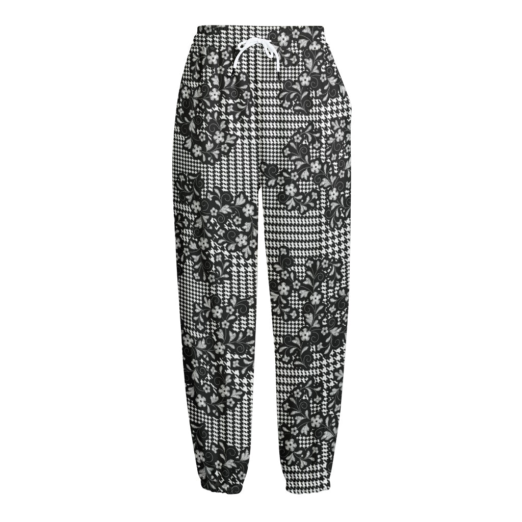 Black And White Floral Glen Plaid Print Fleece Lined Knit Pants