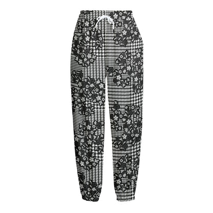 Black And White Floral Glen Plaid Print Fleece Lined Knit Pants