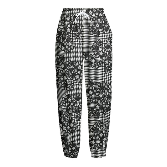 Black And White Floral Glen Plaid Print Fleece Lined Knit Pants