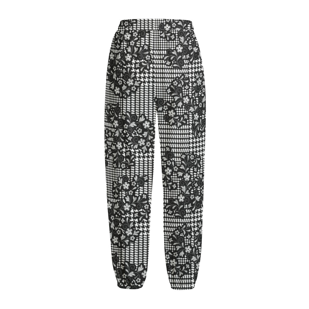 Black And White Floral Glen Plaid Print Fleece Lined Knit Pants