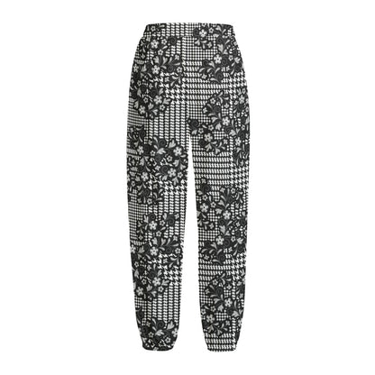 Black And White Floral Glen Plaid Print Fleece Lined Knit Pants