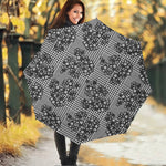 Black And White Floral Glen Plaid Print Foldable Umbrella