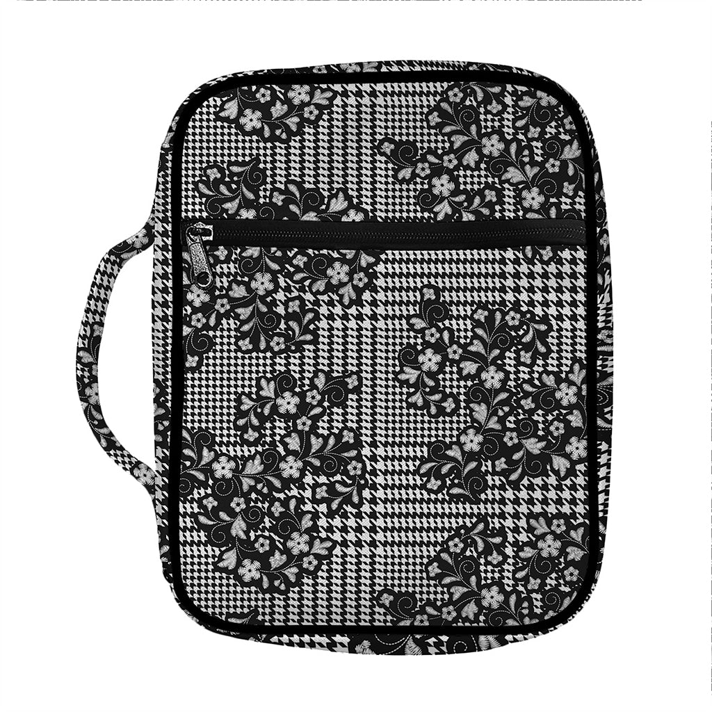 Black And White Floral Glen Plaid Print Front Pocket Bible Bag