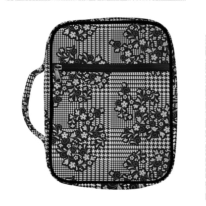 Black And White Floral Glen Plaid Print Front Pocket Bible Bag