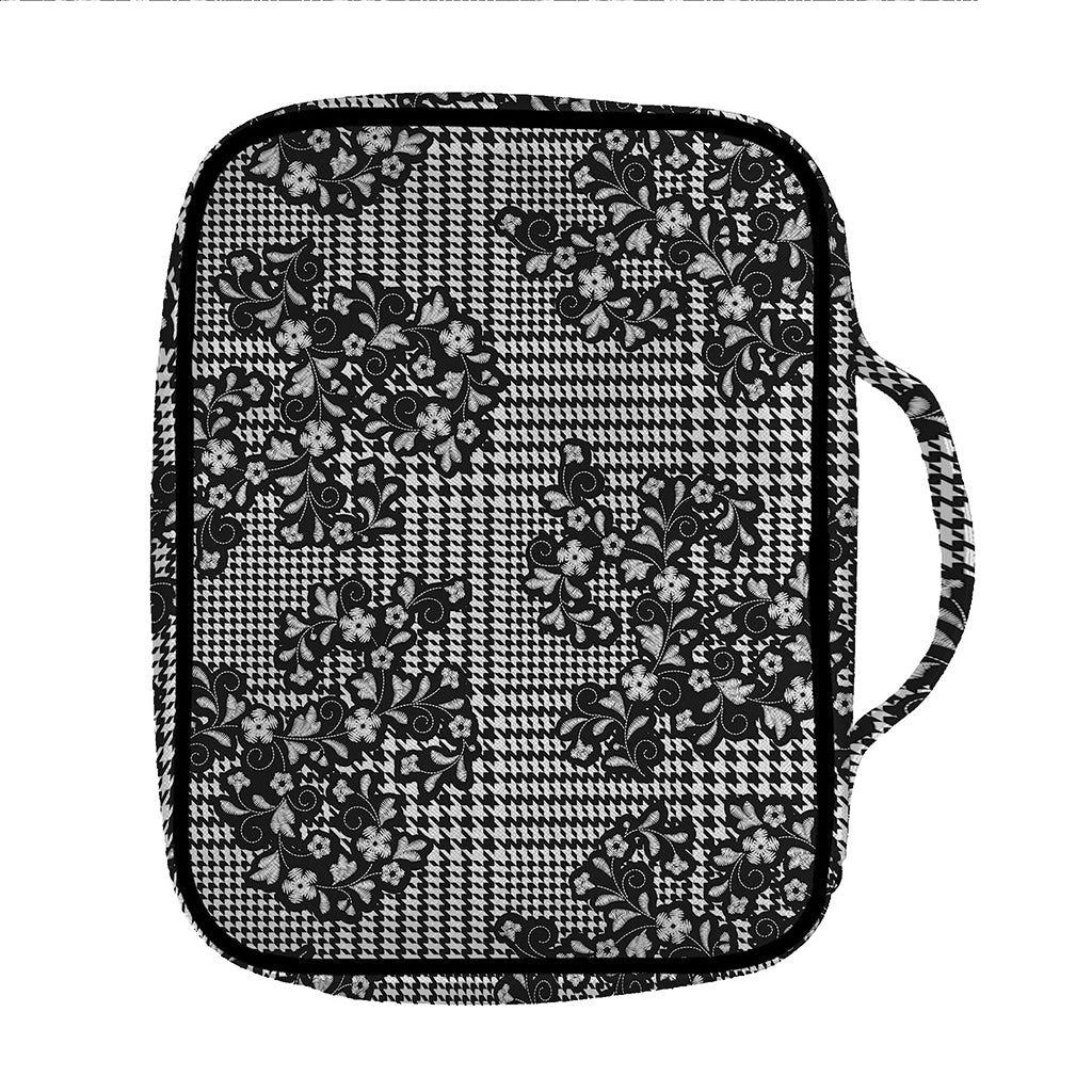 Black And White Floral Glen Plaid Print Front Pocket Bible Bag