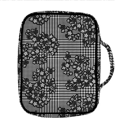 Black And White Floral Glen Plaid Print Front Pocket Bible Bag