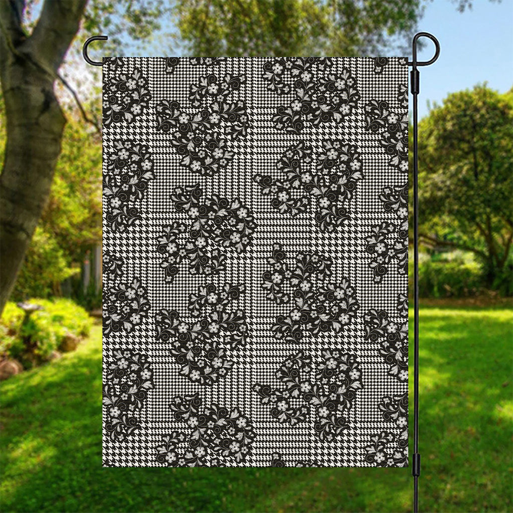 Black And White Floral Glen Plaid Print Garden Flag