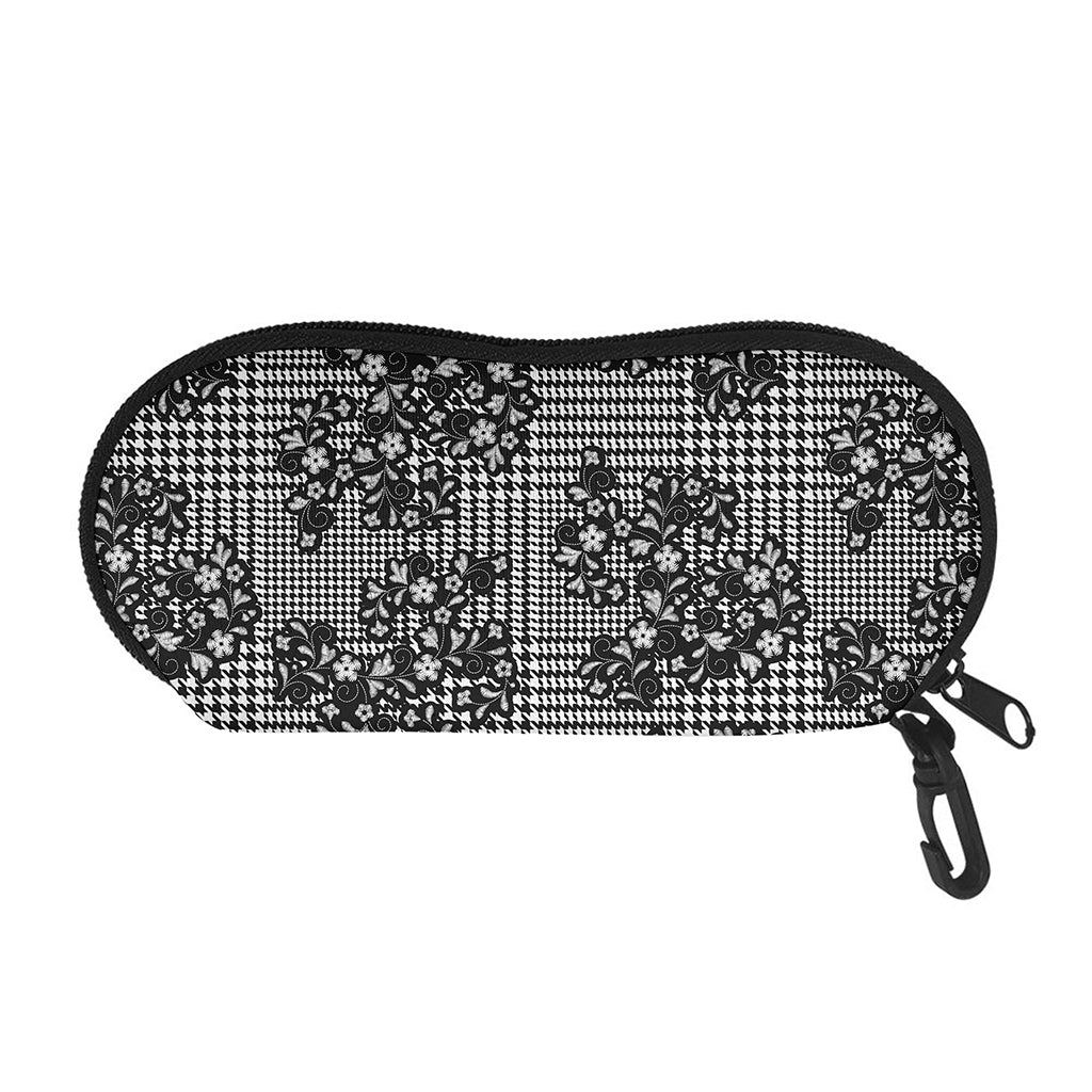 Black And White Floral Glen Plaid Print Glasses Case