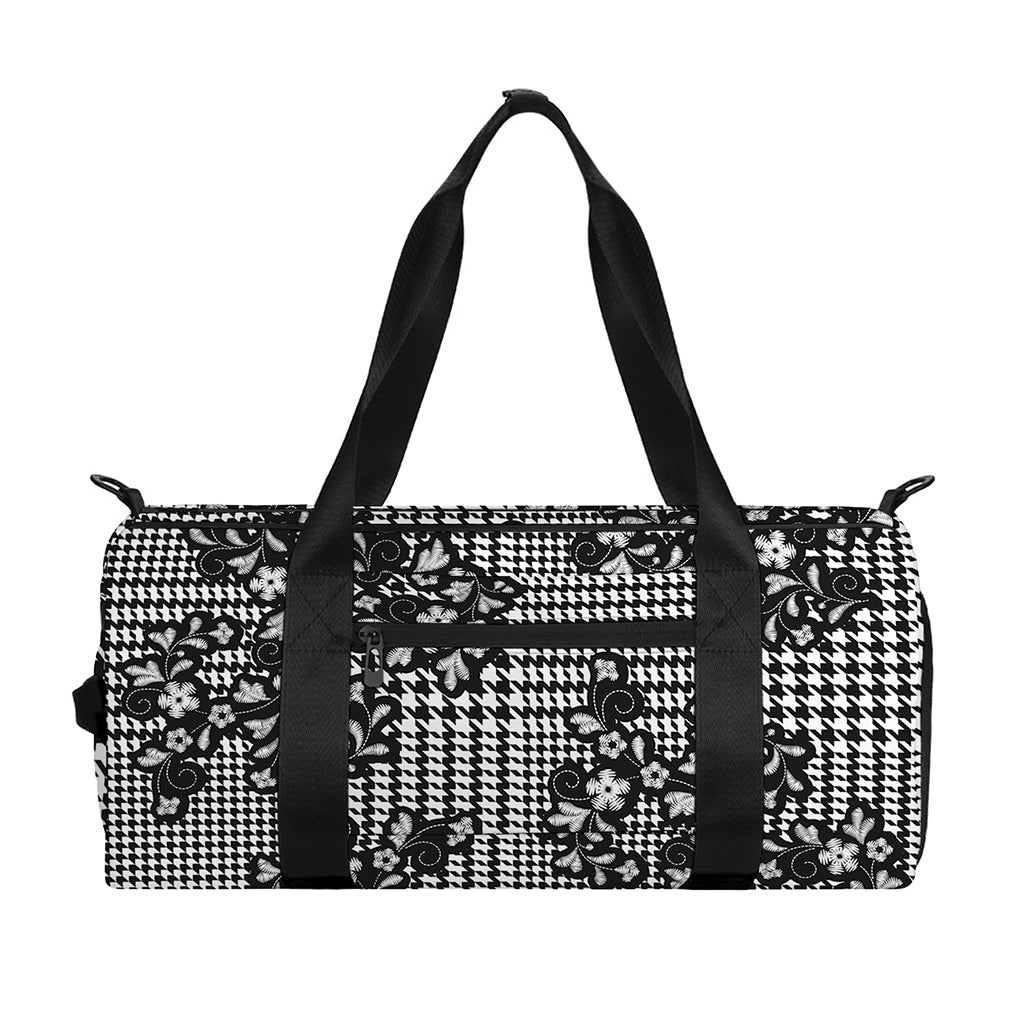Black And White Floral Glen Plaid Print Gym Bag