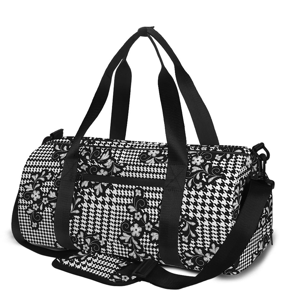 Black And White Floral Glen Plaid Print Gym Bag