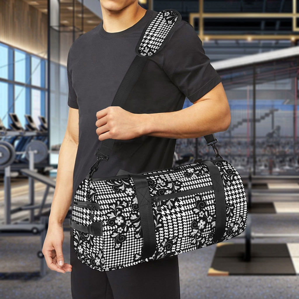 Black And White Floral Glen Plaid Print Gym Bag